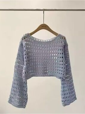 Crochet Open-Knit Cropped Sweater Top - Light Lavender